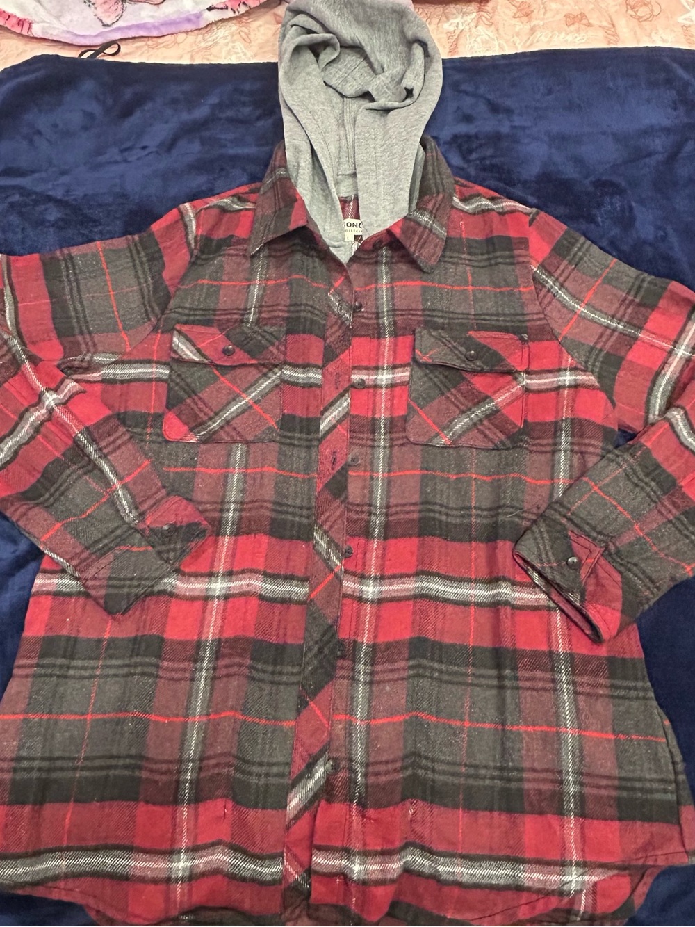 Red Plaid Flannel Hoodie Shirt Size L Oversized Fall